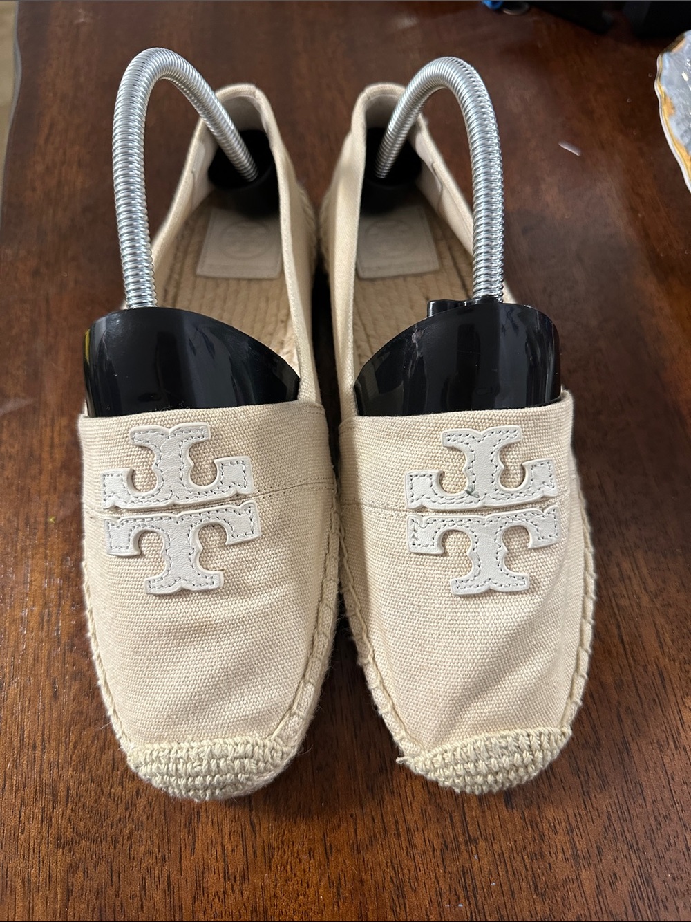 Tory Burch Cream Canvas Espadrille Flats with Logo Appliqué